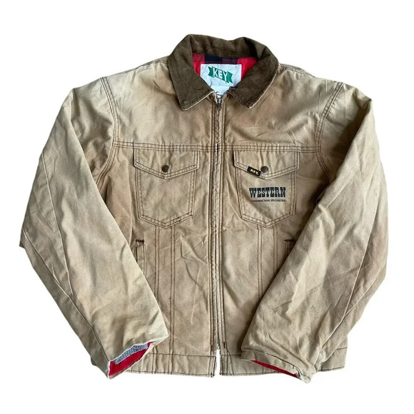 Vintage Workwear Khaki Jacket Flannel Lined Carhartt Style Western Safety Award - Picture 1 of 15